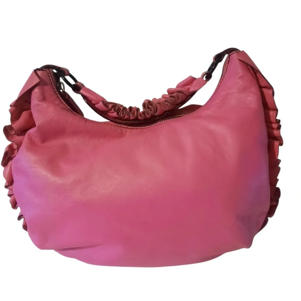 🎀 VALENTINO GARAVANI Ruffle Trimmed Nappa Leather Hobo Shoulder Bag- Hot Pink
